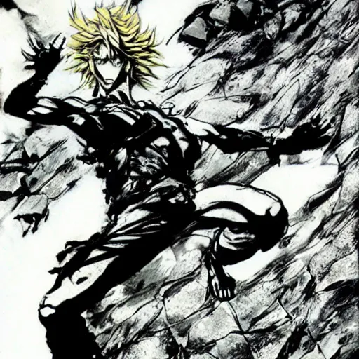 Dio Brando stands atop a rock and strikes a pose,, Stable Diffusion