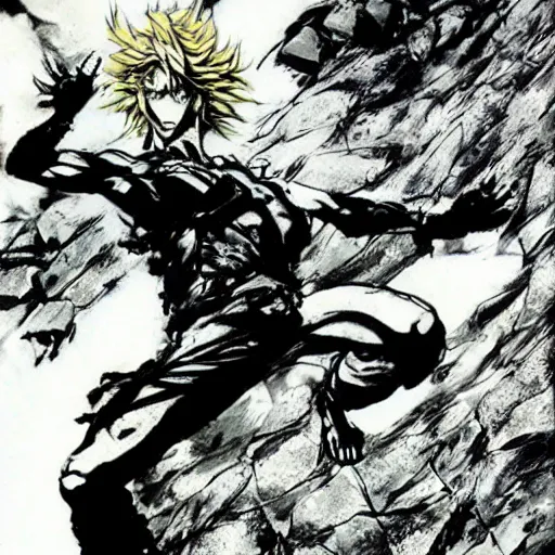 Dio Brando stands atop a rock and strikes a pose