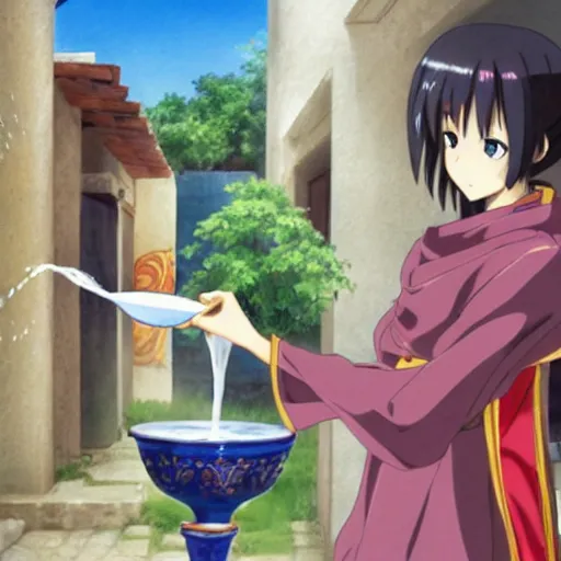 Prompt: an anime waifu in a greek attire pouring water out of a vase into a fountain, spanish ghibli alleyway