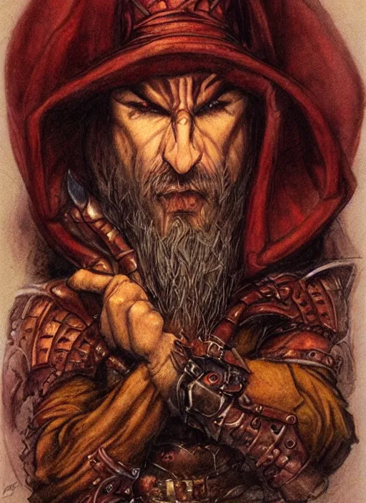 Prompt: portrait of dwarvern wizard, beautiful! coherent! dungeons and dragons character, by brian froud, strong line, deep color, leather armor, short red hair, high contrast