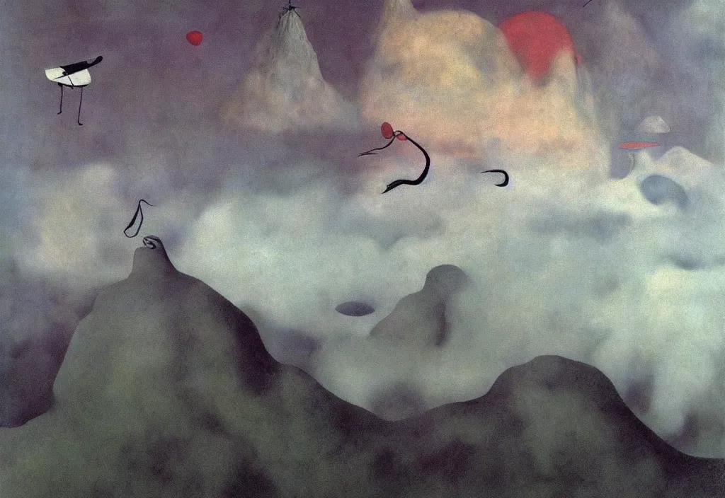 Image similar to shy mountain summit taking a peek through the clouds, fog, with curious eyes. joy of life happy flying creature. painting by yves tanguy, jean delville, rene magritte, max ernst, monet