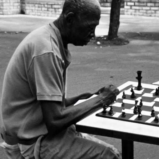 Prompt: film still of an elderly blac k man playin g chess, medium shot, midshot