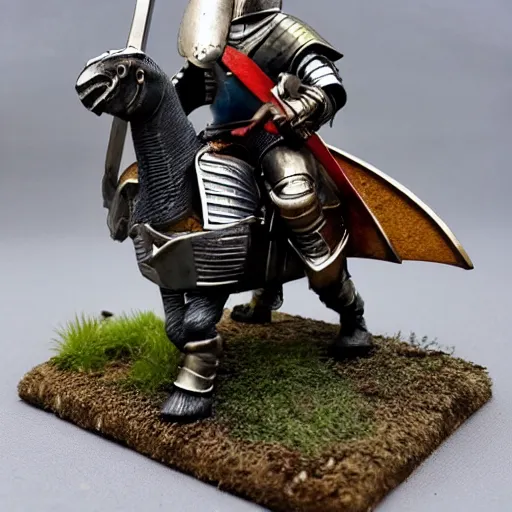 Image similar to mini of medieval english knight in full armor with sword riding a dinosaur in full armor, heavy cavalry, Asgard rising, 28mm scale