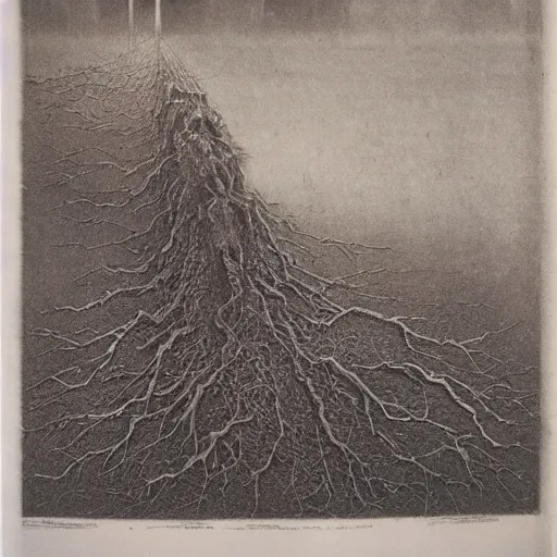 Image similar to first page of a newspaper covered in blood and roots, by Beksinski, hell in the background