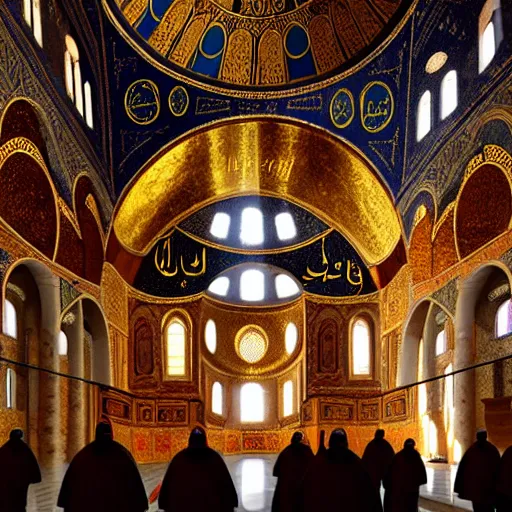 Image similar to divine liturgy being held in the hagia sophia, artstation, artwork, rays of shimmering light, beautiful, surreal, holy