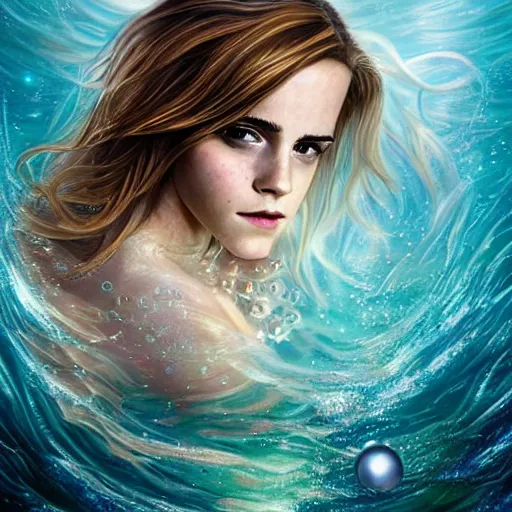 Image similar to emma watson portrait, fantasy, mermaid, hyperrealistic, game character, underwater, highly detailed, sharp focus, cinematic lighting, pearls, glowing hair, shells, gills, crown, water, highlights, starfish, jewelry, realistic, digital art, pastel, magic, fiction, ocean, king, colorful hair, sparkly eyes, fish, heroic, goddess, waves, bubbles, queen