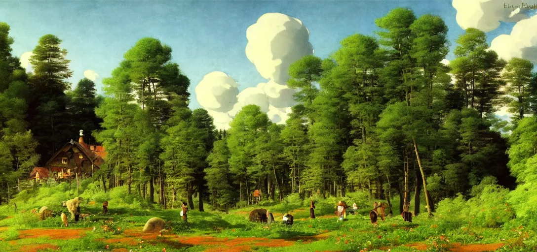 Image similar to ghibli illustrated background of strikingly beautiful swedish farm, the feales and forests in the background by vasily polenov, eugene von guerard, ivan shishkin, albert edelfelt, john singer sargent, albert bierstadt 4 k