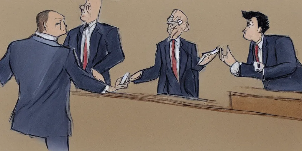 Prompt: an angry dog wearing a suit cross-examining a man wearing a mailman uniform, courtroom sketch