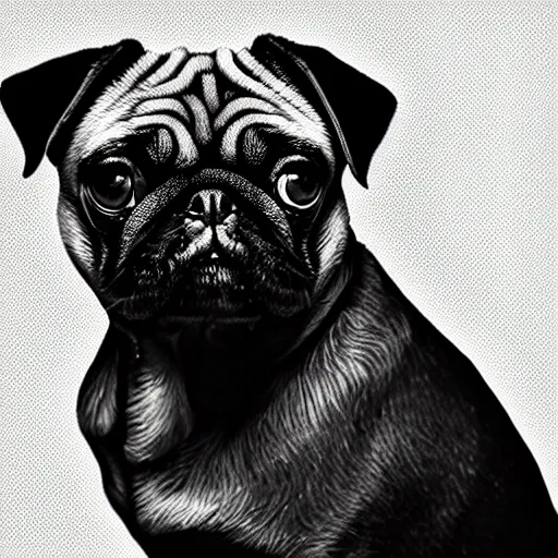 Prompt: portrait of a pug with an emo haircut, intricate detail, high contrast, studio photo, well lit,