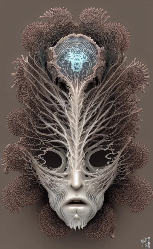 Image similar to intricate gothic porcelain mask, eagle coral, jelly fish, feathers, mandelbulb 3 d, fractal flame, octane render, cyborg, biomechanical, futuristic, by ernst haeckel