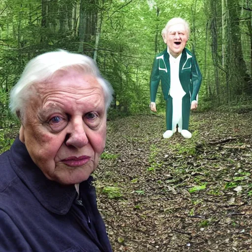Image similar to Sir David Attenborough in the woods with a Grey Alien Martian