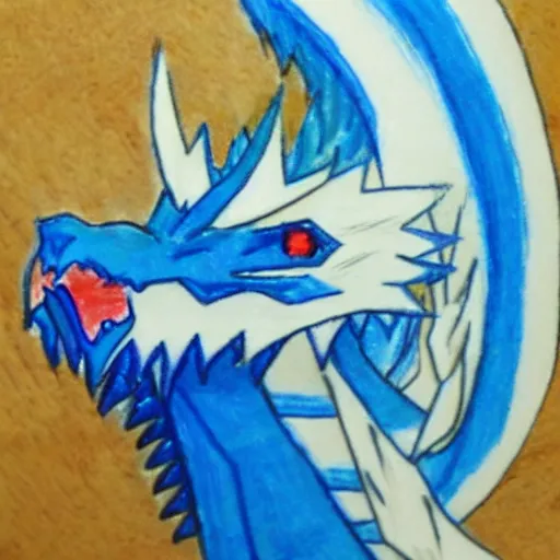 Prompt: wax crayon drawing of the blue - eyes white dragon from yu - gi - oh