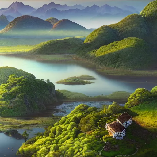 Image similar to A beautiful hyper realistic detailed matte painting of a serene landscape with rocky plains in the foreground and mountains in the background at late morning during spring, by Hiroshi Yoshida and Toshi Yoshida and Hasui Kawase, aerial view, view from above, unreal engine, trending on artstation, barometric projection, rectilinear, f8