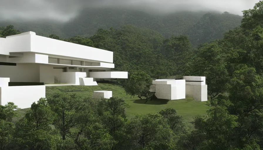 Image similar to white temple house inspired by tibetan and modernist architecture, on a green hill, overlooking a valley with trees, frank lloyd wright, realistic render, birdseye view