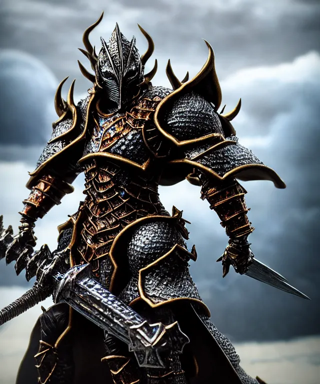 Image similar to hyperrealistic rendering, epic dark souls boss, ornate supreme demon overlord, jewel crown, war armor battle, by art of skinner and richard corben, product photography, collectible action figure, sofubi, hottoys, storm clouds, outside, lightning