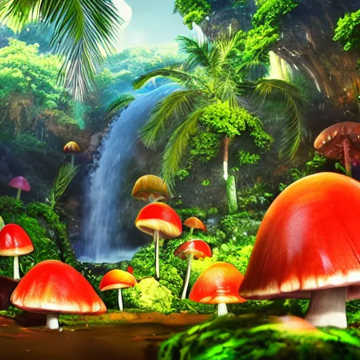 Image similar to colorful alien planet background, giant mushrooms, waterfall, tropical vegetation, rocks, anime, octane render, 4 k, ingame shot