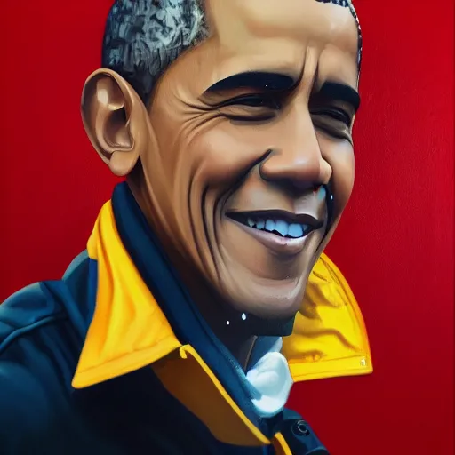 Image similar to an oil painting of barack obama wearing the supreme drip jacket, by artgerm, hd, hdr, ue 5, ue 6, unreal engine 5, realistic anime 3 d style, cinematic 4 k wallpaper, 8 k, ultra detailed, gta cover art, high resolution, artstation, award winning