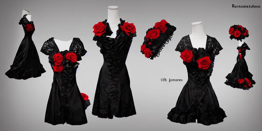 Image similar to black dress in the style of rococo ， victorian era ， red roses element ， dreamy, soft, backlight, luminescence ， highly detailed, 8 k h 1 0 2 4