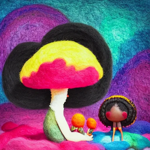 Image similar to a black girl with colorful dreadlocks and big beautiful eyes meditating in a rainbow magic mushroom zen garden, bokeh, bright colors, synthwave, watercolor, volumetric wool felting, felt, macro photography, children illustration, by goro fujita