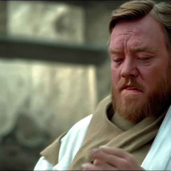 Image similar to obi wan kenobi but obese!! and overweight, photoralistic rendering, movie still, screenshot, hyperdetailed