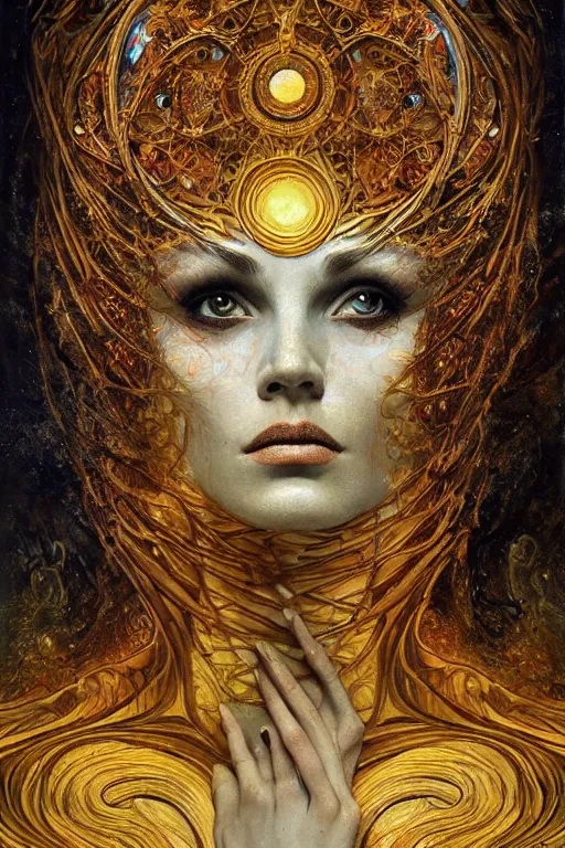 Image similar to Intermittent Chance of Chaos Muse by Karol Bak, Jean Deville, Gustav Klimt, and Vincent Van Gogh, beautiful surreal face portrait, enigma, destiny, fate, inspiration, muse, otherworldly, fractal structures, arcane, ornate gilded medieval icon, third eye, spirals