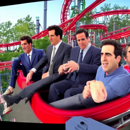 Image similar to ultra realistic detailed 4 k photo of michael scott, jerry seinfeld, ted mosby, phil dunphy, chandler bing, from a roller coaster action camera at an amusement park