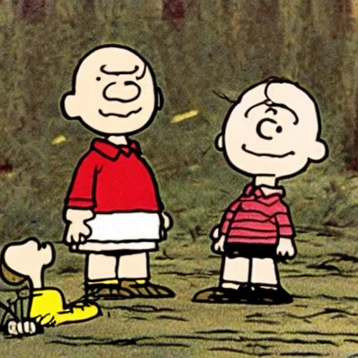 Prompt: charlie brown and linus in ending scene of the blair witch project,