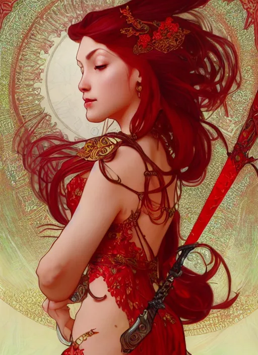 Prompt: red fantasy sword, intricate, elegant, highly detailed, digital painting, 4k, HDR, concept art, detailed jewelry, smooth, sharp focus, illustration, art by Artgerm, Alphonse Mucha