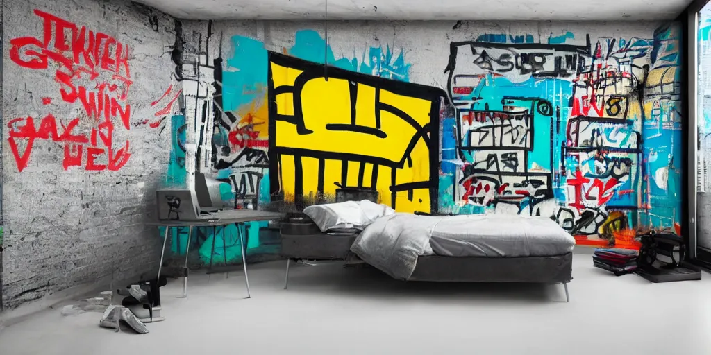 Image similar to teenager bedroom in industrial style, street art basketball in the style ofv basquiat decorated wall, futuristic ambiance, gamer screen on metallic desk, cyber, intricate, very detailed, soft lighting, 8 k hd