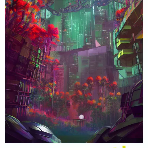 Image similar to forest and flower city, cyberpunk, futuristic, vivid colors, utopia by alayna danner and dang my linh