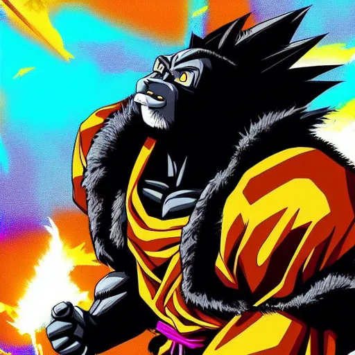 Prompt: mountain gorilla in the style of dragon ball z, explosion in background