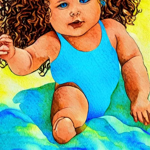 Prompt: a baby named sun with curly brown hairs playing on the beach sand with a cyan bikini in the style of thierry dussac, watercolors