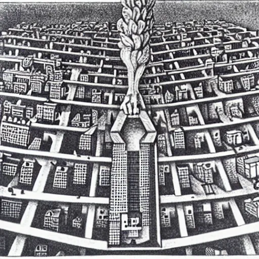 Image similar to a huge foot in the middle of a tiny city, by m. c. escher