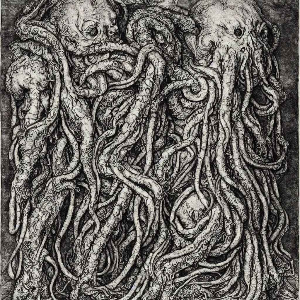 Image similar to portrait of cthulhu, dark atmosphere, faded out colors, highly detailed muted colors, highly detailed illustration by albrecht durer, fine art sketch