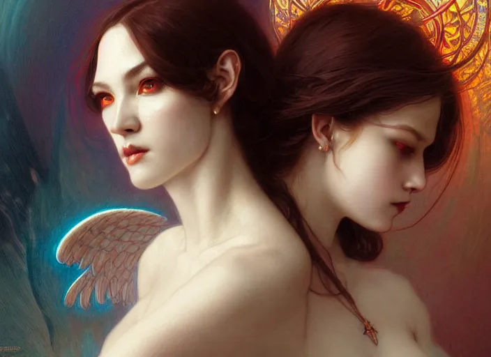 Image similar to portrait of demonic woman and angelic woman, confident pose, pixie, genshin impact, intricate, elegant, sharp focus, soft bokeh, illustration, highly detailed, concept art, matte, trending on artstation, bright colors, art by wlop and artgerm and greg rutkowski, mucha, giger, marvel comics