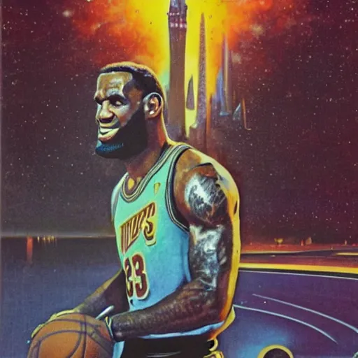 Prompt: lebron james in the style of a 7 0 s science fiction novel cover, highly detailed, bruce pennington, peter jones