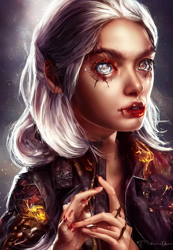 Image similar to digital illustration of a girl with eyes that burn like cigarettes wearing a short skirt and a long jacket with fingernails that shine like justice, dramatic lighting, photorealistic, full body portrait, detailed anatomy, extreme detail, 4 k, colorful, artgerm and ben lo, detailed face, f / 2. 8