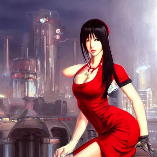 Image similar to oil painted portrait of tifa lockhart from from final fantasy 7 in her signature red dress with the steam punk city midgard as backdrop, by master artist yoshitaka amano trending on artstation