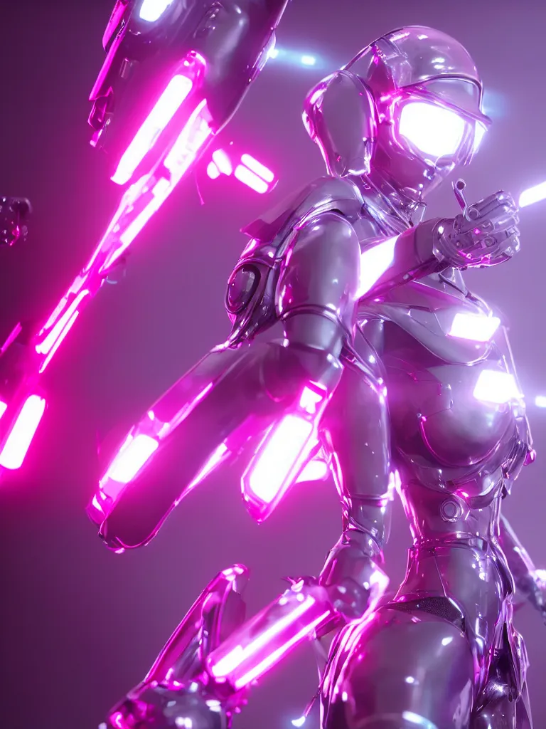 Prompt: cinematic, photography, a beautiful rihanna cyborg, perfect bionic body, pink chrome armor, neon holographic ui data displays, pink space gun, hajime sorayama, masamune shirow, octane rendered, 4 k, lens flare,