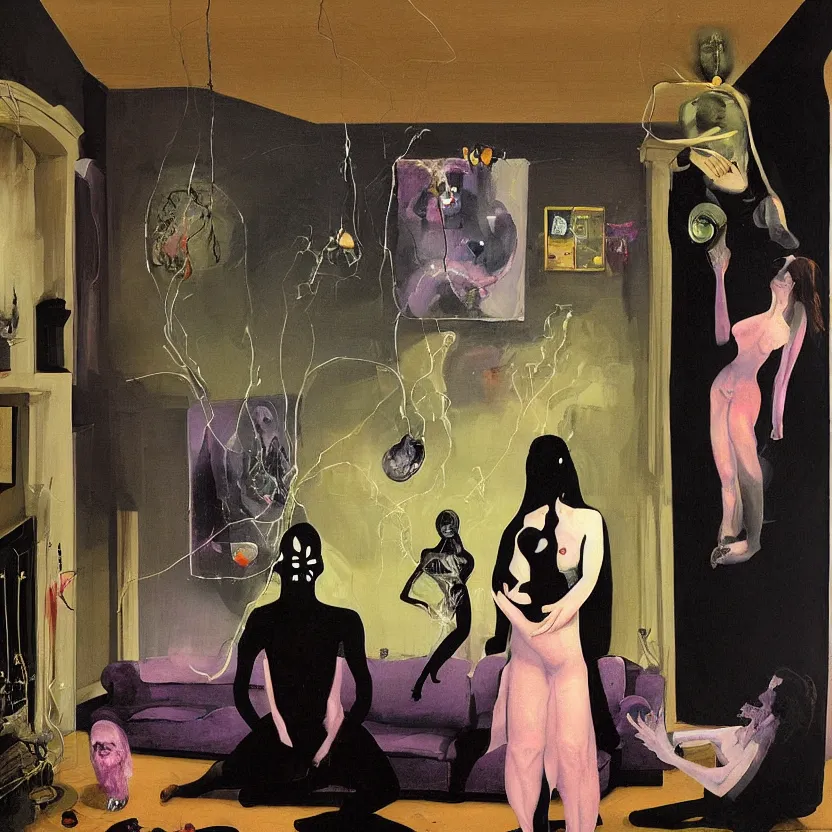 Image similar to Man and woman feeling love in the living room of a house, floating dark energy surrounds the middle of the room. There is one plant to the side of the room, surrounded by a background of dark cyber mystic alchemical transmutation heavenless realm, cover artwork by genieve figgis and francis bacon and Jenny seville, midnight hour, part by adrian ghenie, part by jeffrey smith, part by josan gonzales, part by norman rockwell, part by phil hale, part by kim dorland, artstation, highly detailed