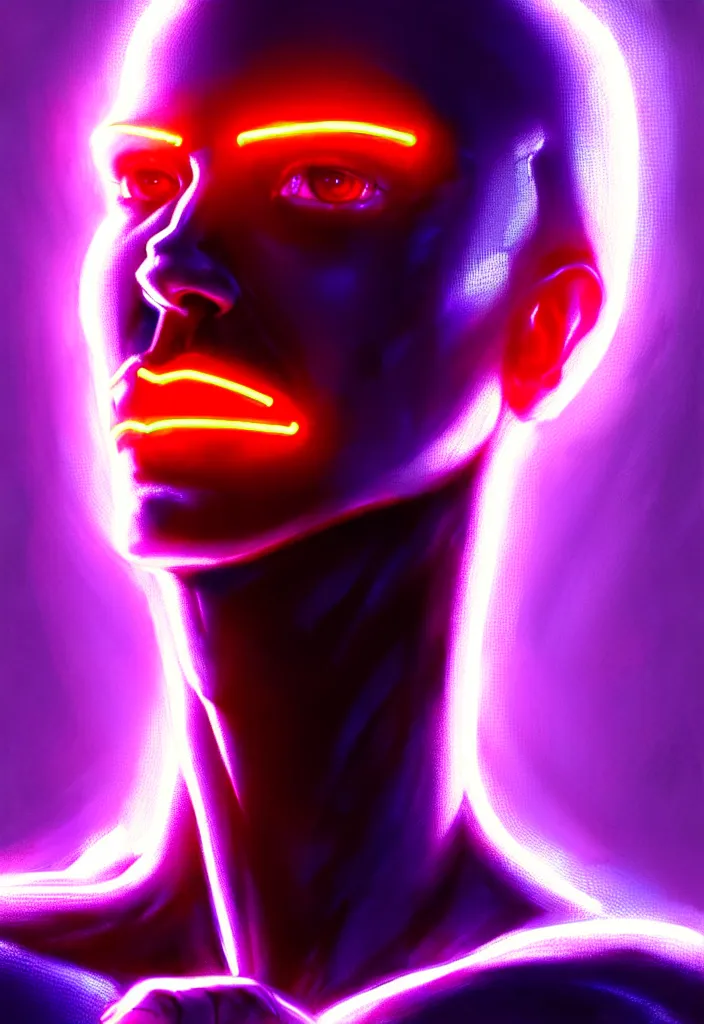 Image similar to portrait of male humanoid, intricate, perfect anatomy, neon lighting, highly detailed, digital photography, artstation, stylish pose, concept art, smooth, sharp focus, illustration, art by artgerm and greg rutkowski