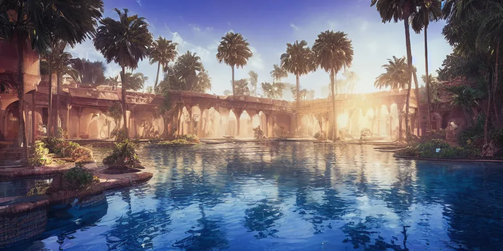 Image similar to beautiful pool waterfalls surrounded by palm trees, moroccan tile archways, industrial buildings, ivory towers, sun setting, ross tran, fantasy, james jean, peter morbacher, angelarium, alchemy, luxury, heavenly light, soft illumination, trending on artstation, cinematic lighting, digital painting, octane render, artgerm