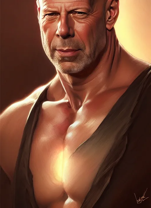 Image similar to Portrait of Bruce Willis, D&D, muscular, fantasy, intricate, elegant, highly detailed, digital painting, artstation, concept art, smooth, sharp focus, illustration, art by artgerm and greg rutkowski and alphonse mucha