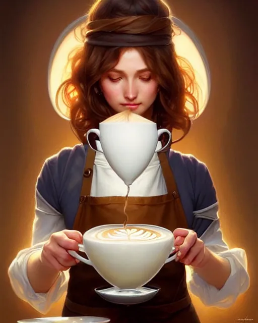 Image similar to a dreamy angelic barista pouring latte art, fantasy character portrait, ultra realistic, intricate, elegant, highly detailed, digital painting, artstation, smooth, sharp, focus, illustration, art by artgerm and greg rutkowski and alphonse mucha