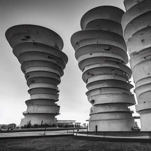 Image similar to a wide shot of a sci - fi beautiful brutalist monument, with many rounded elements sprouting from the base tower creating a feel of an organic structure, photography