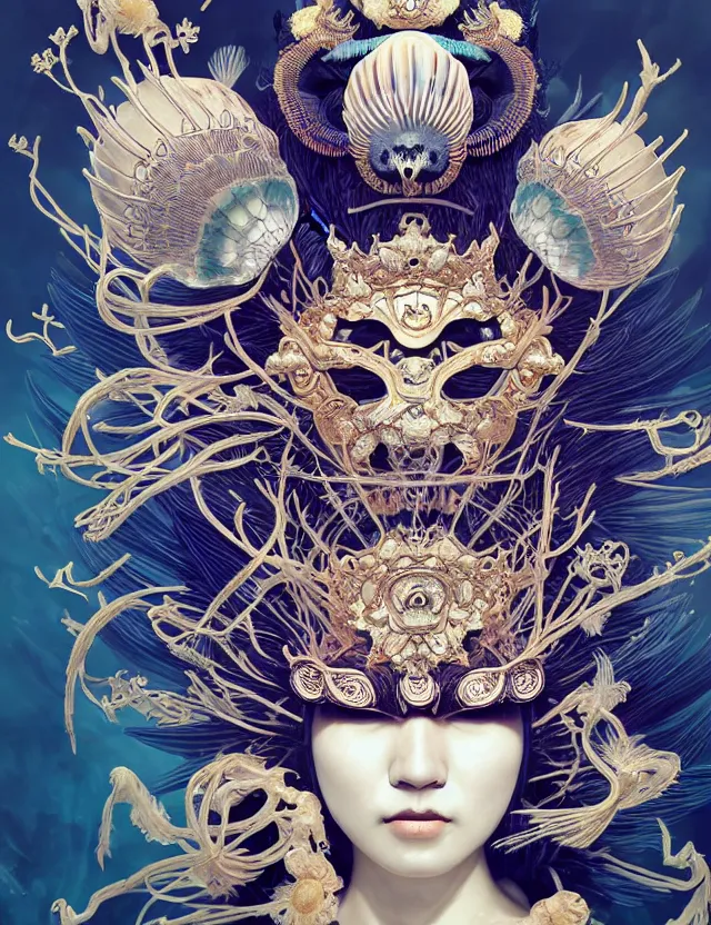 Prompt: goddess macro close - up portrait with crown and mask made of ram skull. beautiful intricately detailed japanese crow kitsune mask and clasical japanese kimono. betta fish, jellyfish phoenix, bioluminescent, plasma, ice, water, wind, creature, artwork by tooth wu and wlop and beeple and greg rutkowski