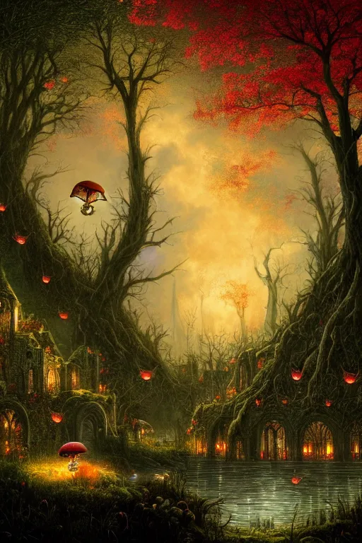 Prompt: a beautiful digital illustration painting of a detailed gothic fantasy fireflies and roots, dark mushroom, flowers ruins in the rain by benoit b. mandelbrot, steven belledin, martin johnson heade, lee madgwick, caspar david friedrich, and david rios ferreira. 8 k resolution trending on artstation concept art digital illustration