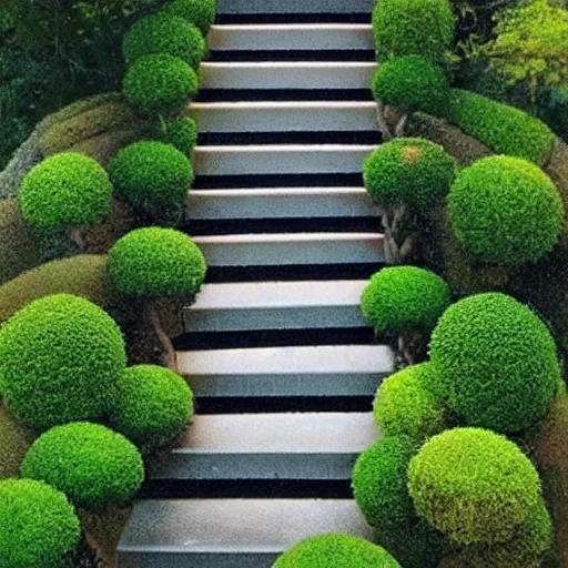 Prompt: lush garden stairs, by mc escher