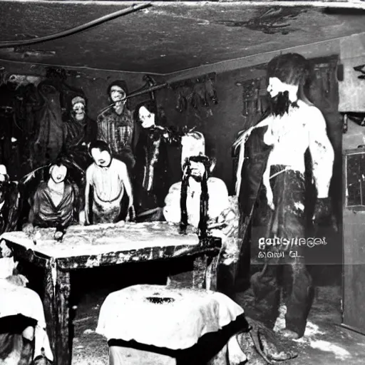 Prompt: a photograph of insane cultists in a basement feeding a computer shrine to the machine wire god with their blood and tears