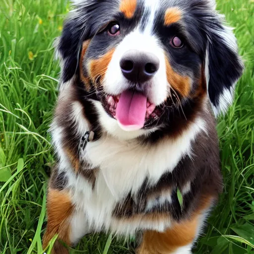 Prompt: australian shepherd with one eyepatch in a field on a sunny day